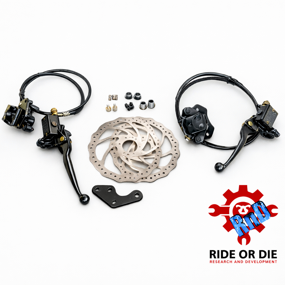Bicycle brake components on a white background with 'Ride or Die' branding.