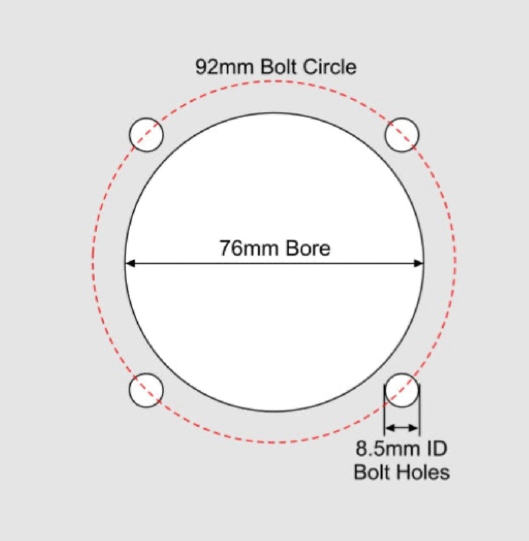 Technical diagram showing dimensions of a circular component with bolt circle, bore, and bolt hole measurements.