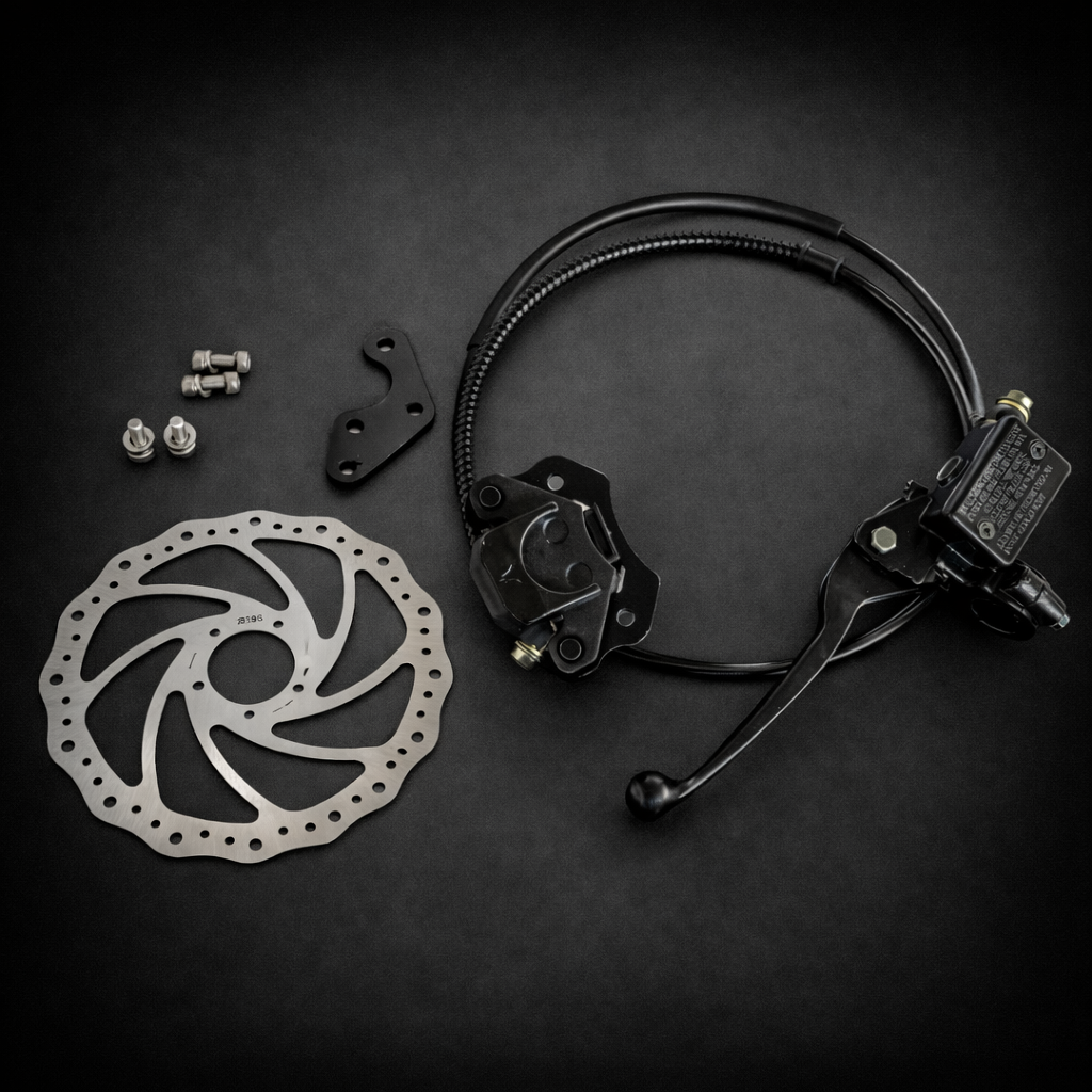 Bicycle brake components including a rotor, caliper, and cable on a dark background