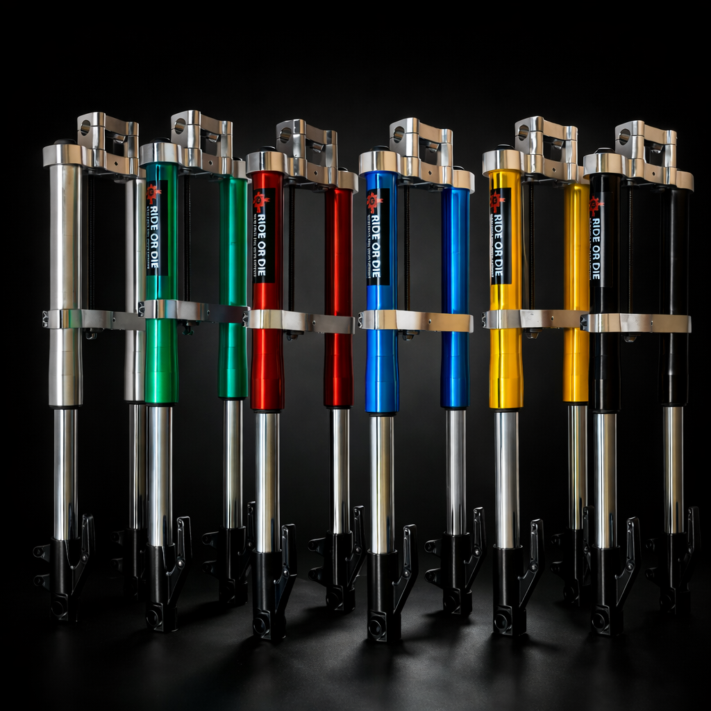 Multiple motorcycle shock absorbers in various colors on a black background
