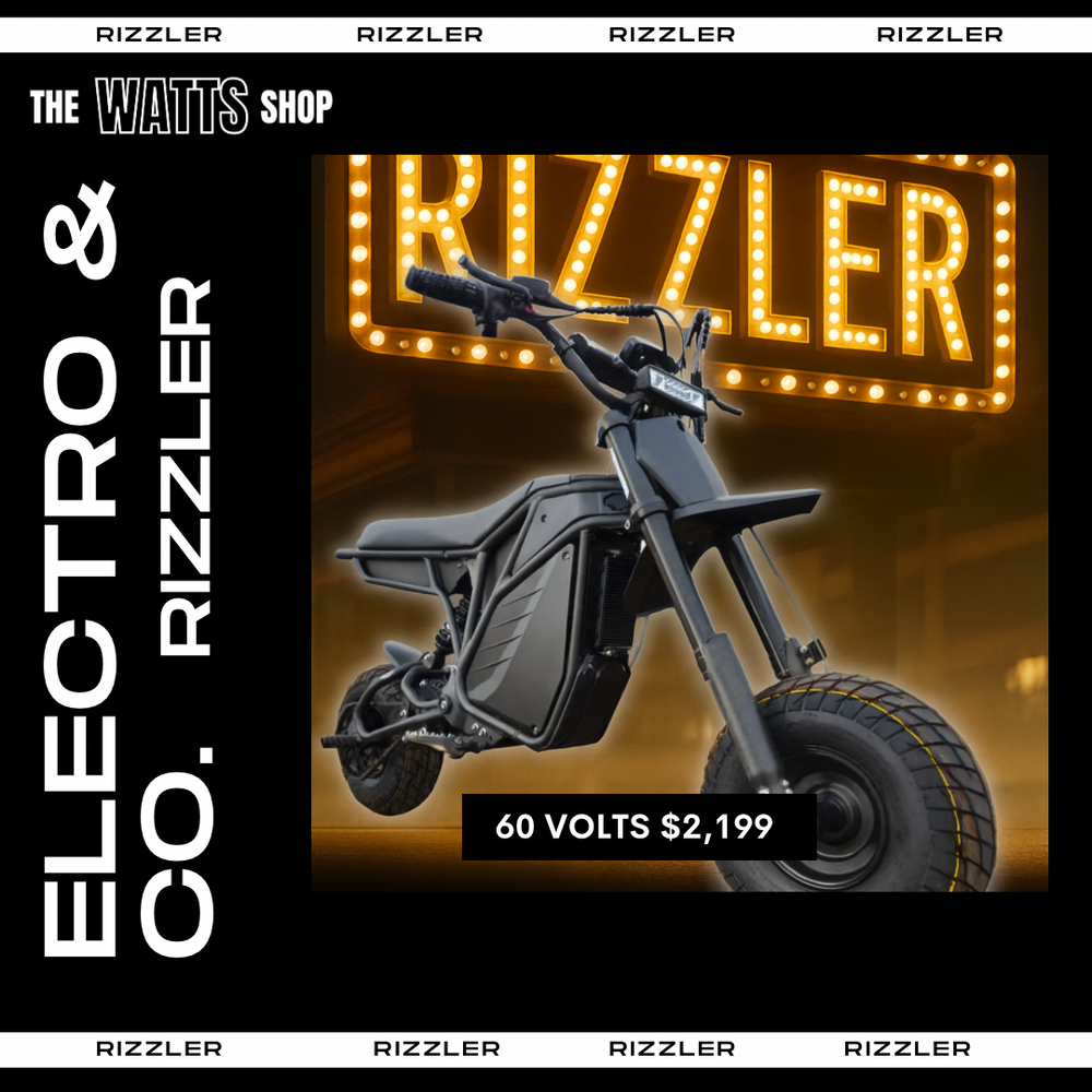 Electric scooter with Rizzler branding and price in front of a neon sign.