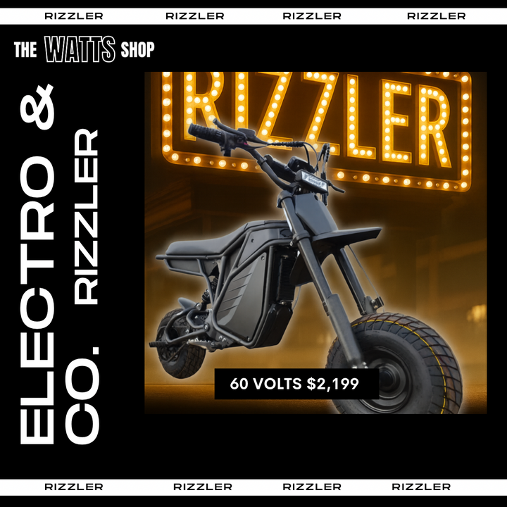 Electric scooter with Rizzler branding and price in front of a neon sign.
