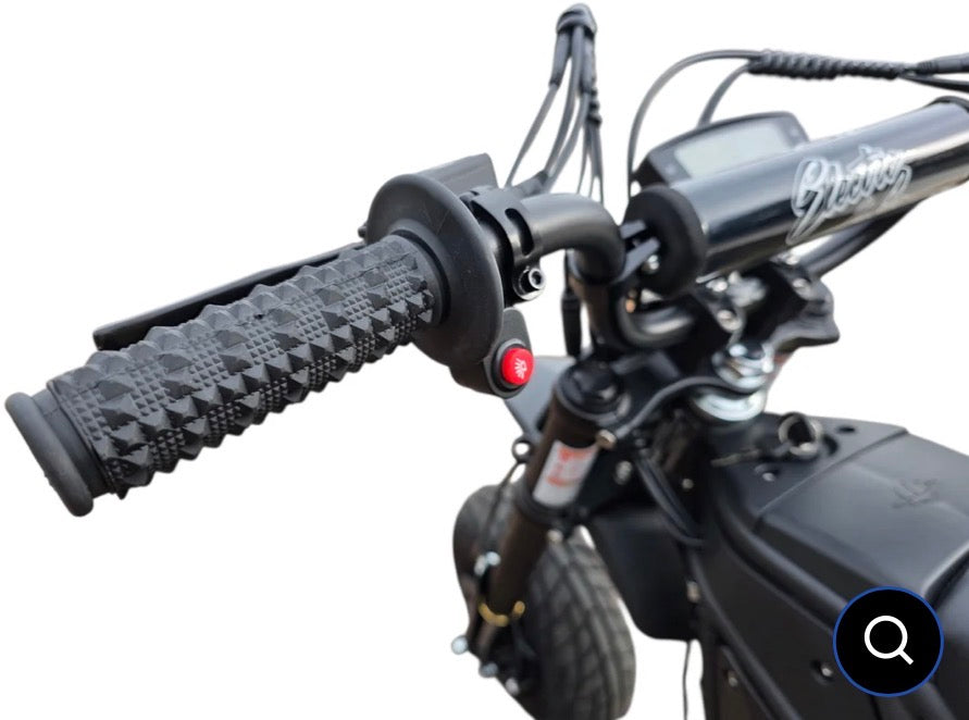 Close-up of a motorcycle handlebar with grips and control buttons on a white background