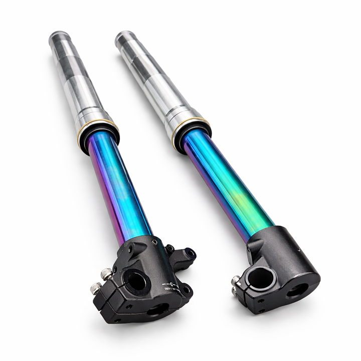 Pair of motorcycle shock absorbers with multicolored metal shafts on a white background