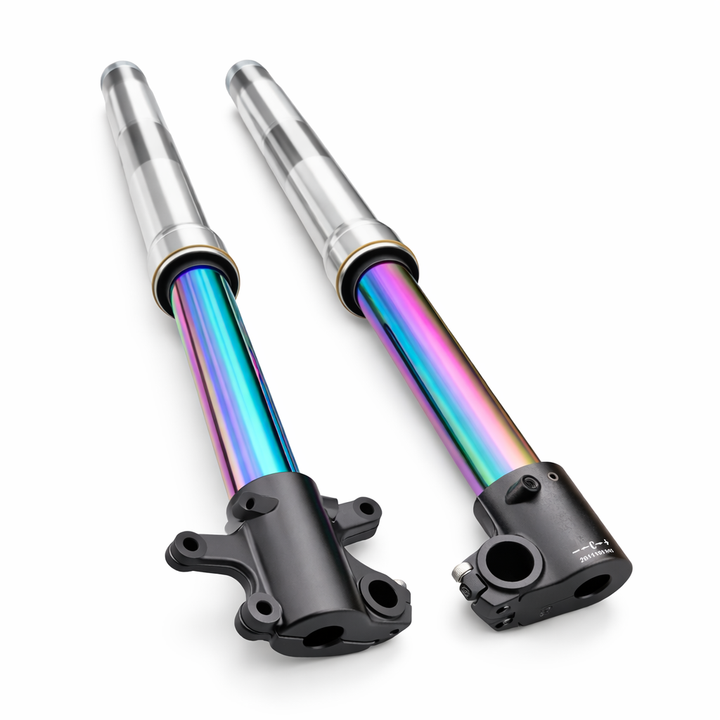 Two bicycle shock absorbers with colorful metal shafts on a white background