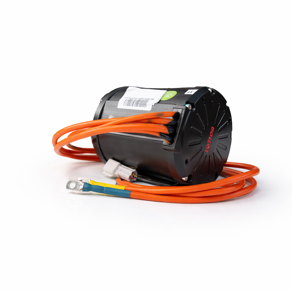 Black electrical component with orange cables on a white background