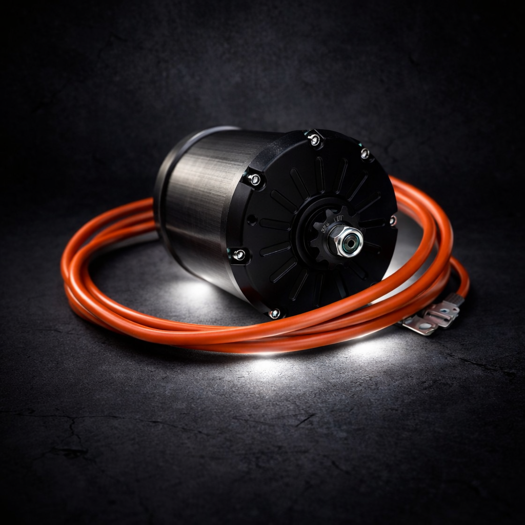 Black electric motor with orange cables on a dark background