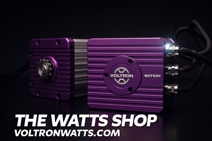 Purple electronic device with Voltron logo on a black background, featuring 'The Watts Shop' branding.
