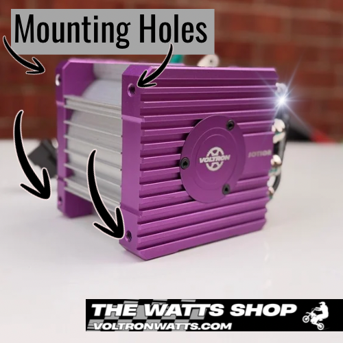 Purple power supply unit with mounting holes labeled, branded 'The Watts Shop' on a white surface.