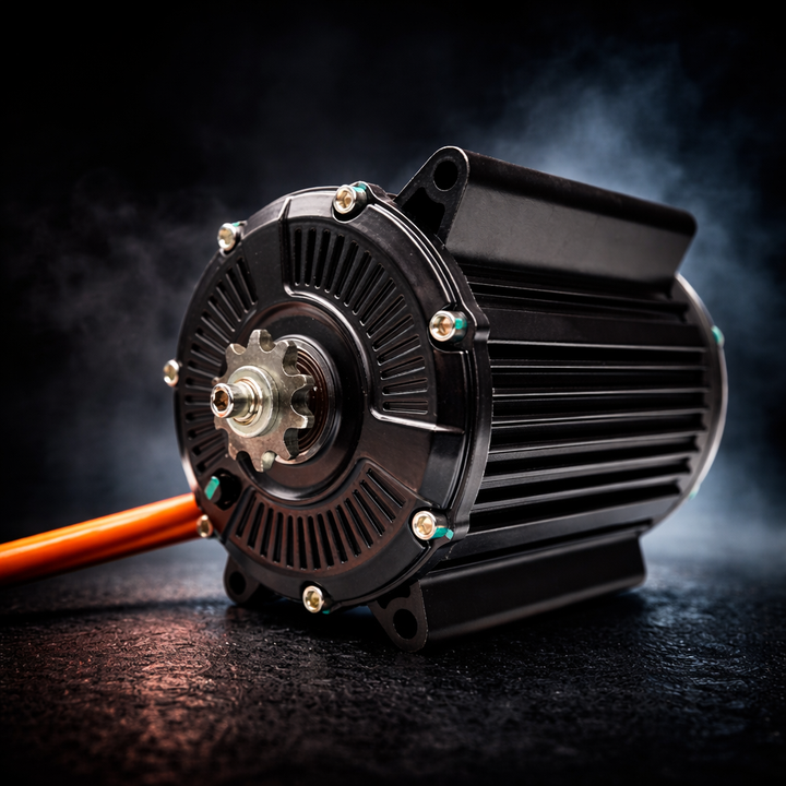 Black electric motor on a dark background with orange cable