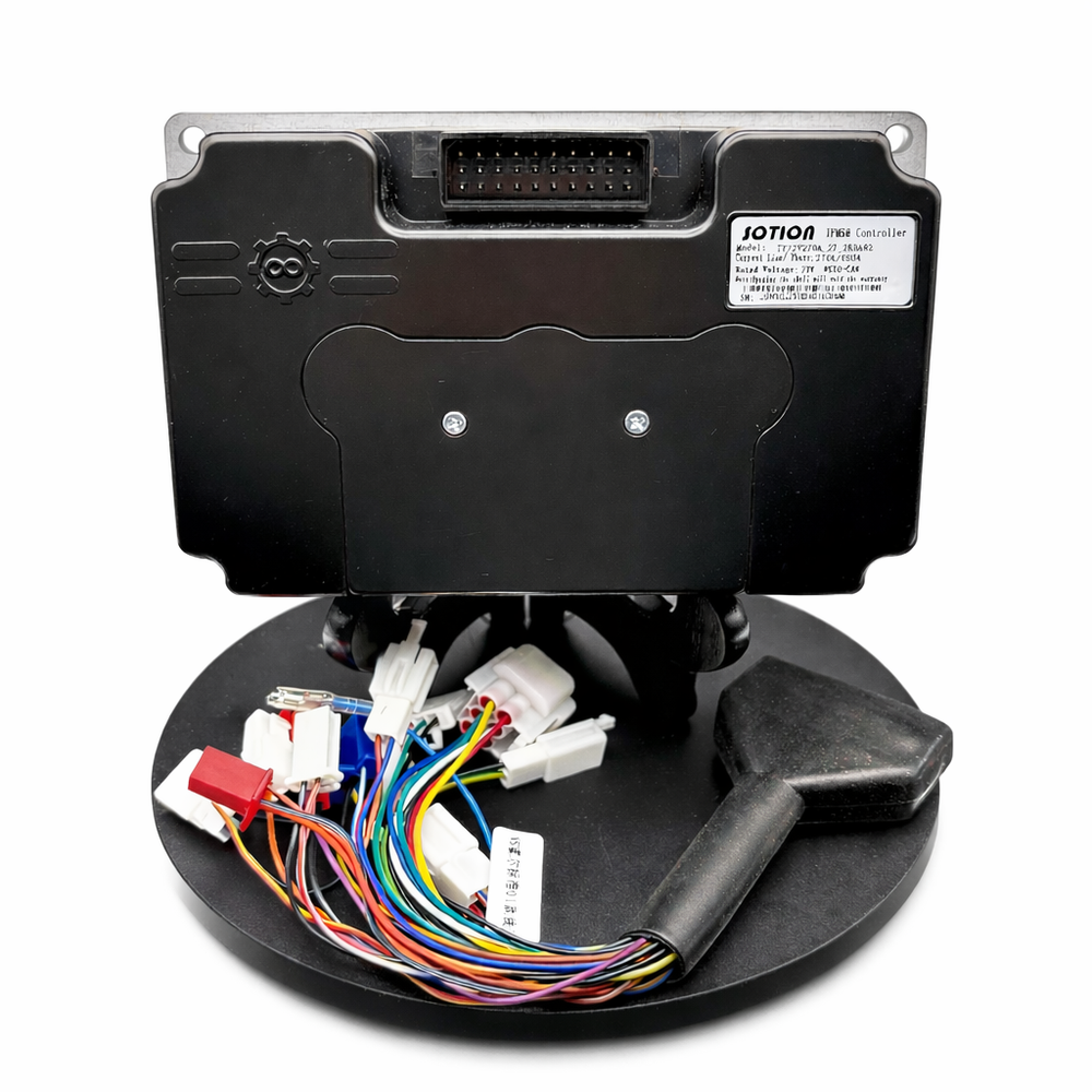 Electronic module with wiring harness on a white background