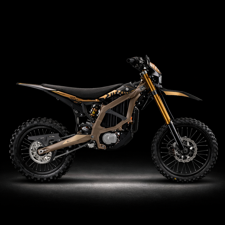 Motorcycle with gold and black design on a dark background