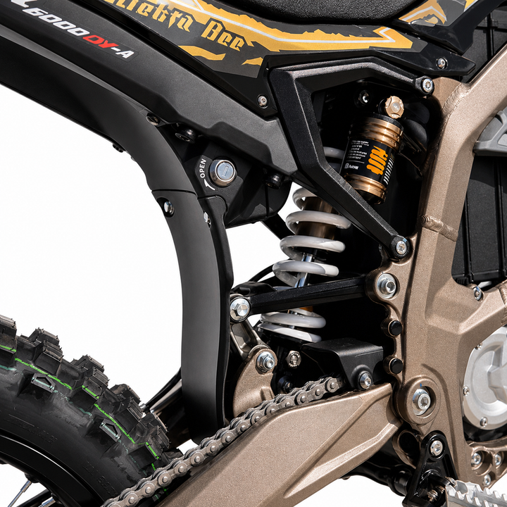 Close-up of a motorcycle suspension system with visible branding on a white background