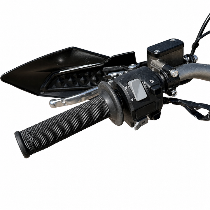 Close-up of a motorcycle handlebar with throttle and controls on a white background