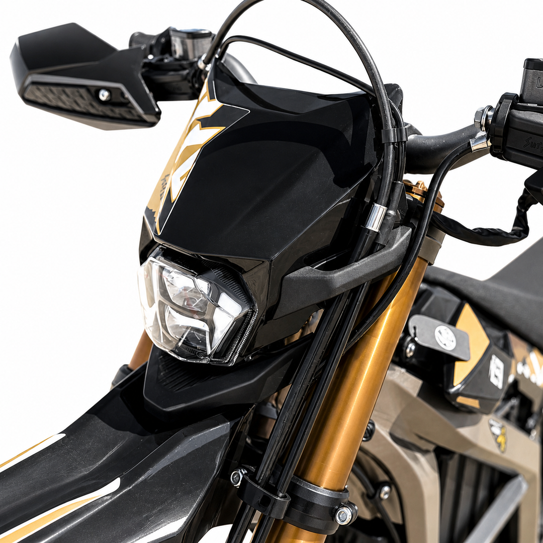 Close-up of a motorcycle's headlight and handlebar on a white background