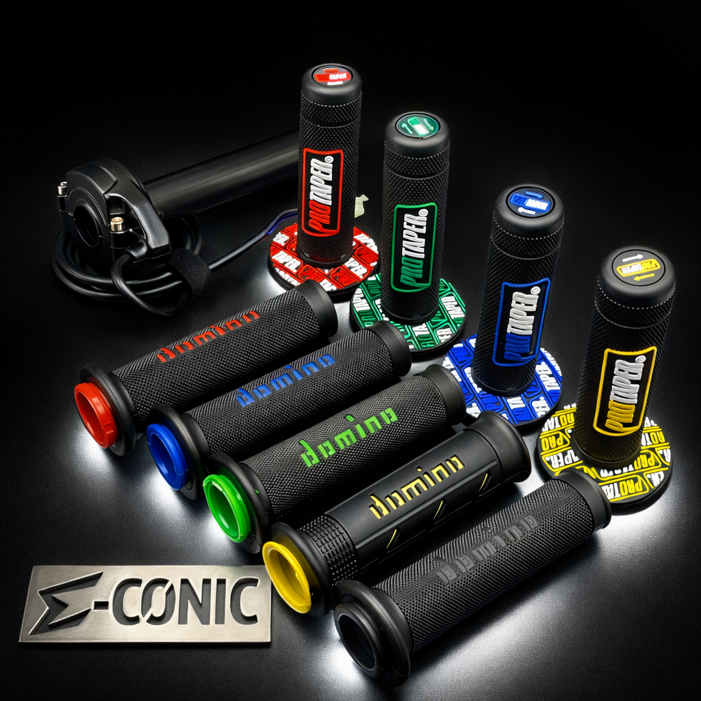 Collection of Conic brand grips with colorful accents on a dark background