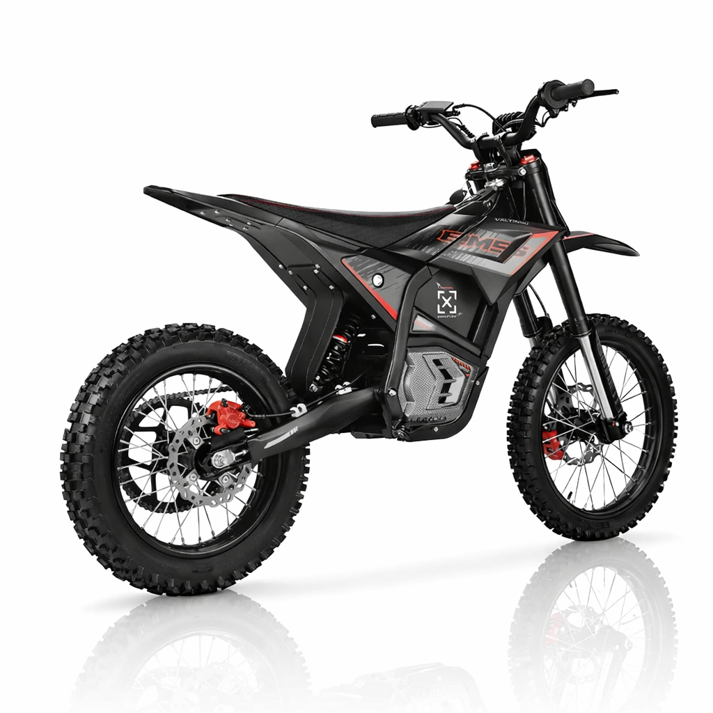 Black electric bike with red accents on a white background