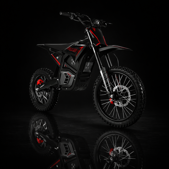 Black and red electric bike on a reflective black surface with a dark background