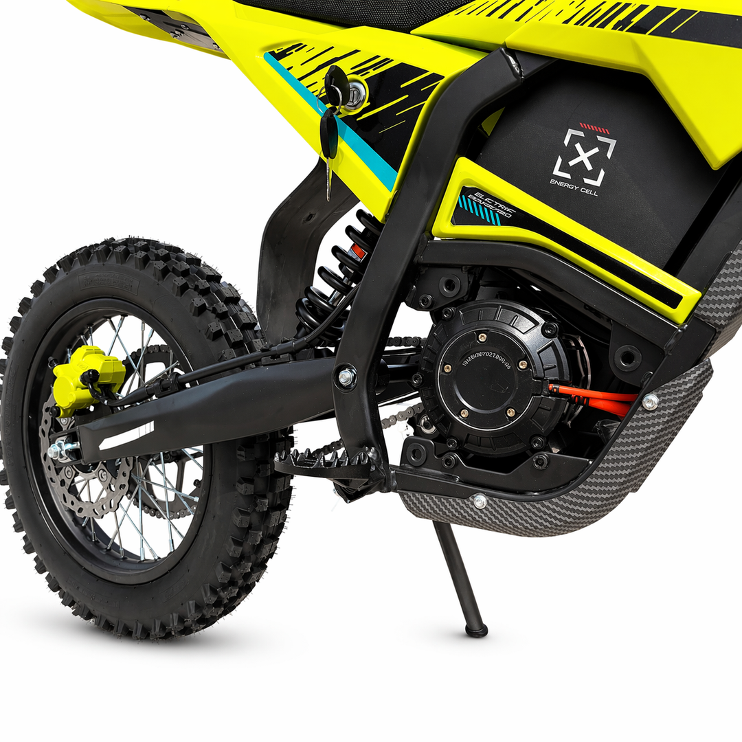 Close-up of a yellow and black electric bike with visible branding on a white background