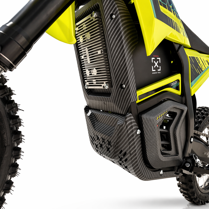 Close-up of a dirt bike with a focus on the engine and exhaust system.