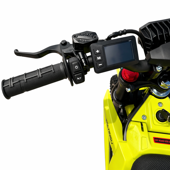 Close-up of a motorcycle handlebar with controls and display on a white background