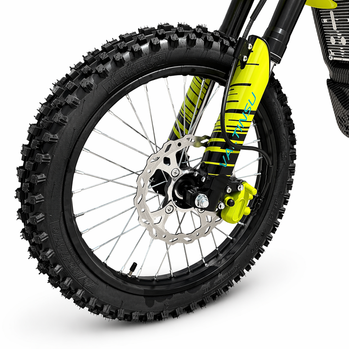 Close-up of a bicycle wheel with knobby tire on a white background