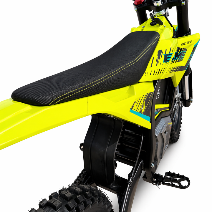 Yellow dirt bike with black seat on a white background