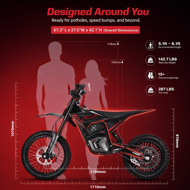 Electric bike with dimensions and features on a red background