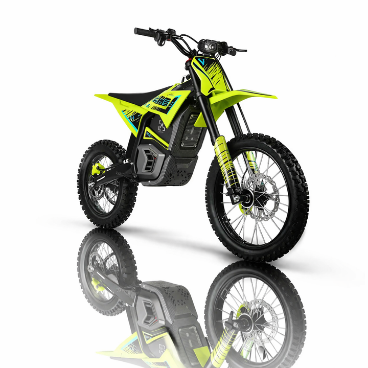 Yellow and black electric dirt bike on a white background