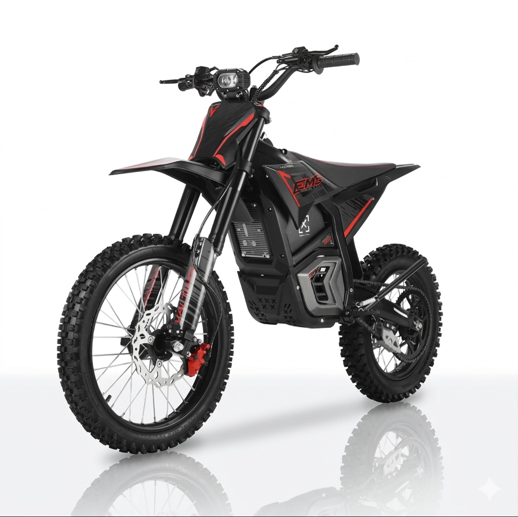 Black electric bike with red accents on a white background