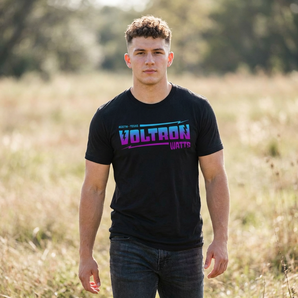 Person wearing a black t-shirt with 'Voltron Watts' text in a field