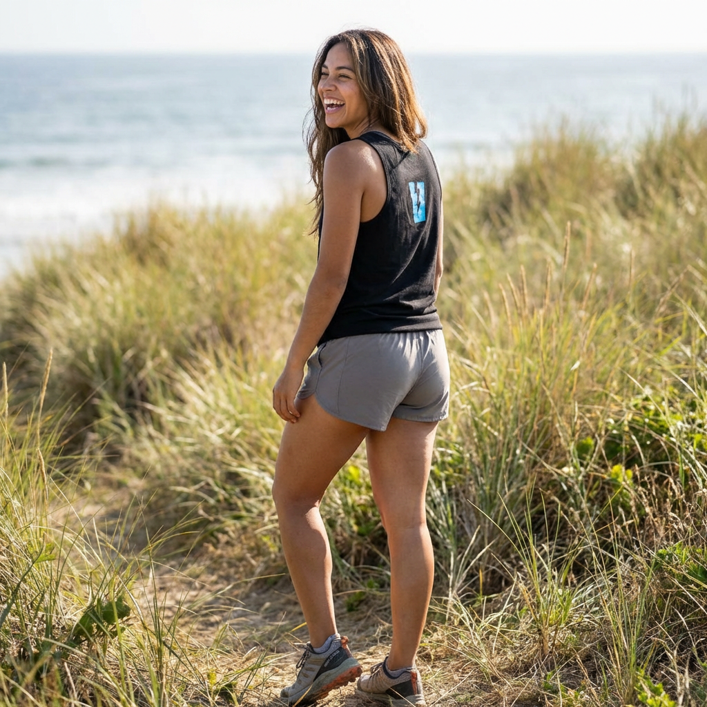 Woman standing on a sandy path with grasses and ocean in the background