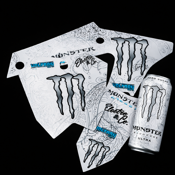 Monster Energy drink cans with branded wraps on a black background