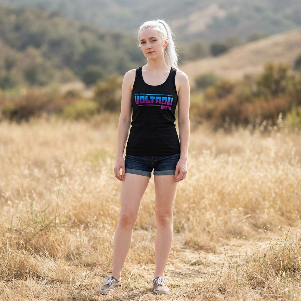 Person wearing a black tank top with 'Vultr' logo in a field