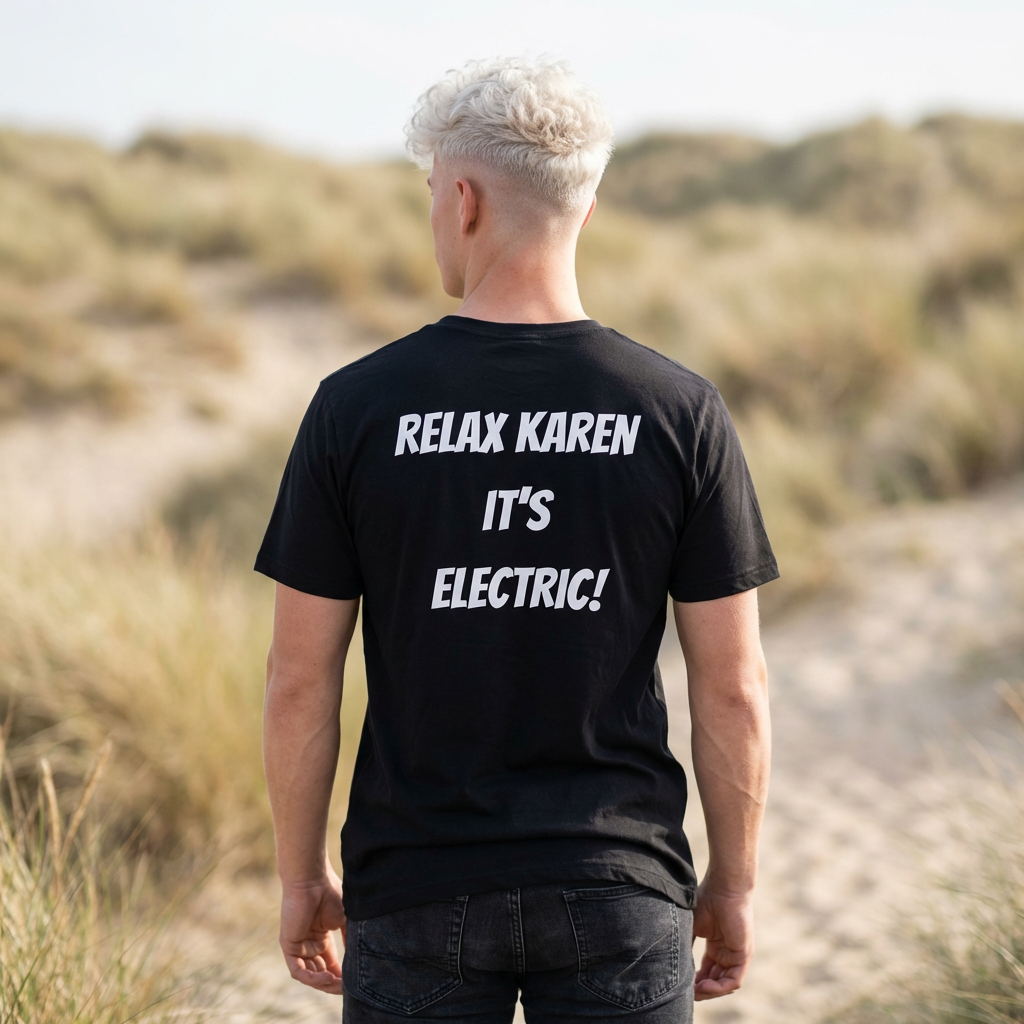 Person wearing a black t-shirt with text 'RELAX KAREN IT'S ELECTRIC!' in an outdoor setting.