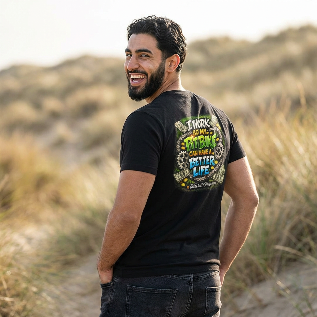 Man wearing a black t-shirt with colorful graphics and text, standing in a natural setting.