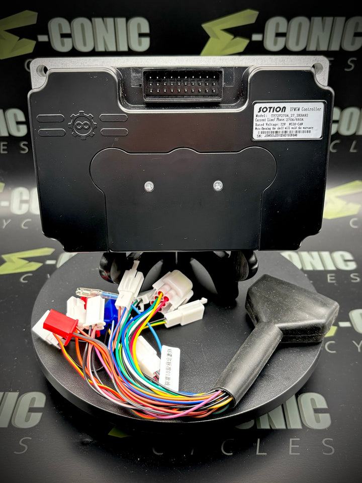 Electronic module with wiring on a stand against a branded background