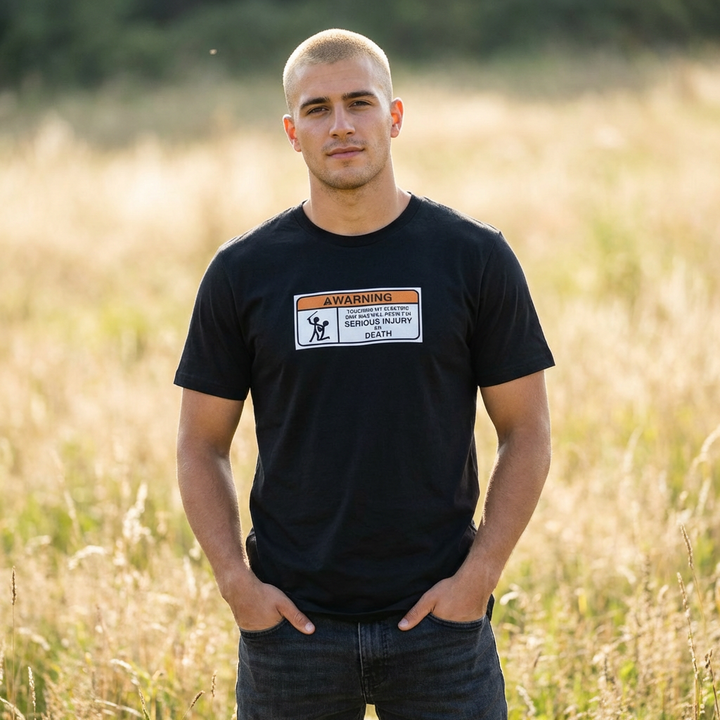 Man wearing a black t-shirt with a warning label design in a field