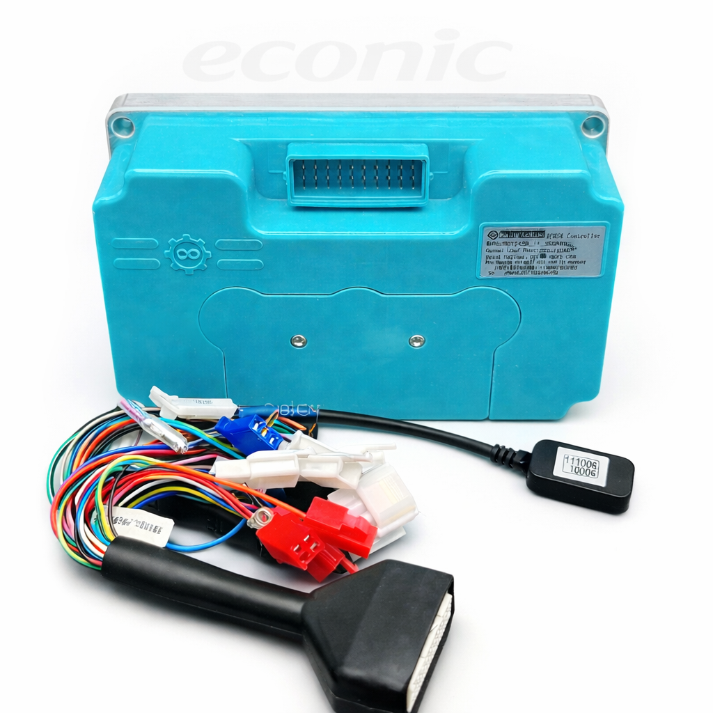 Blue electronic device with wiring and connectors on a white background