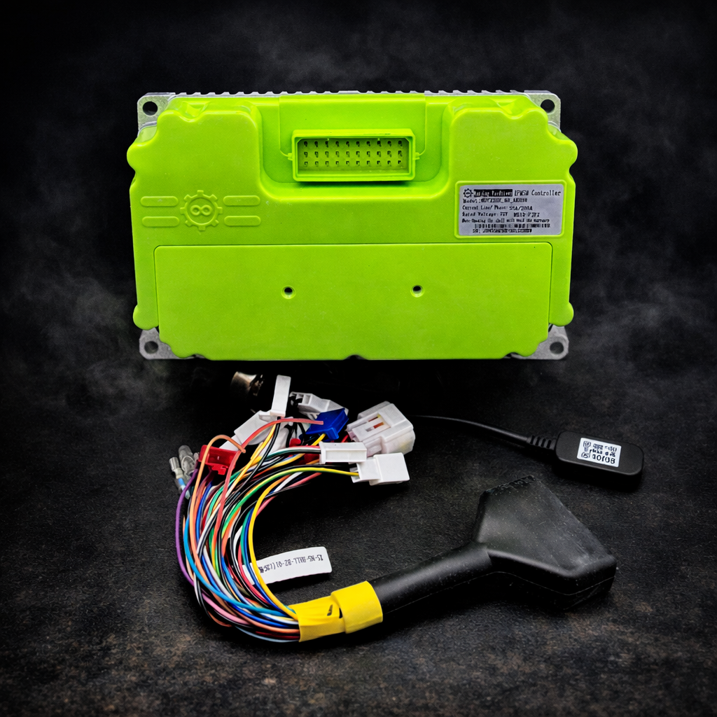 Green electronic module with wiring harness on a dark background