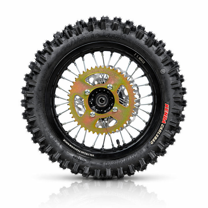 Motorcycle wheel with knobby tire on a white background