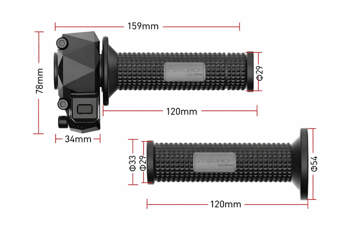 Black motorcycle grips with measurements on a white background