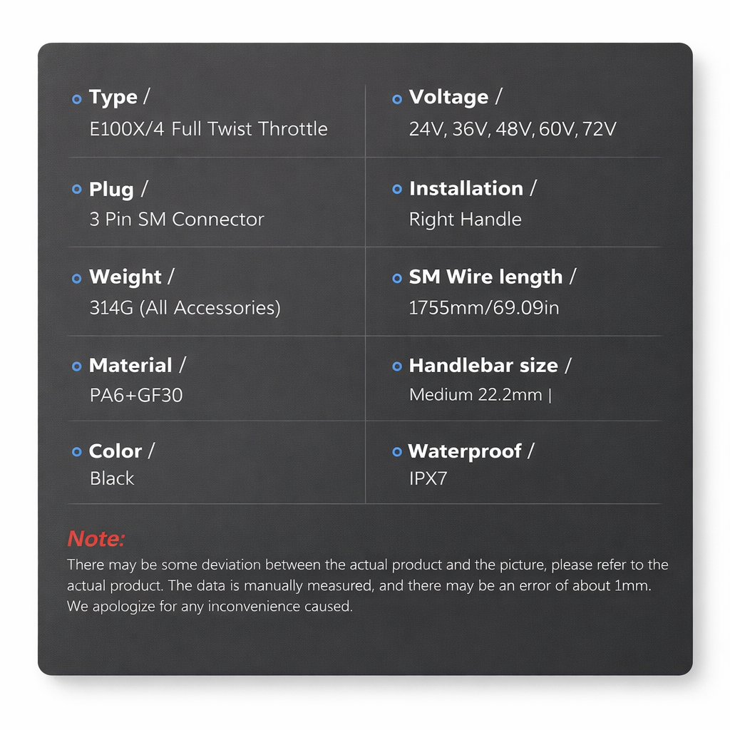 Product specifications table for a throttle system on a dark background
