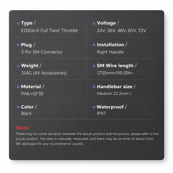 Product specifications table for a throttle system on a dark background