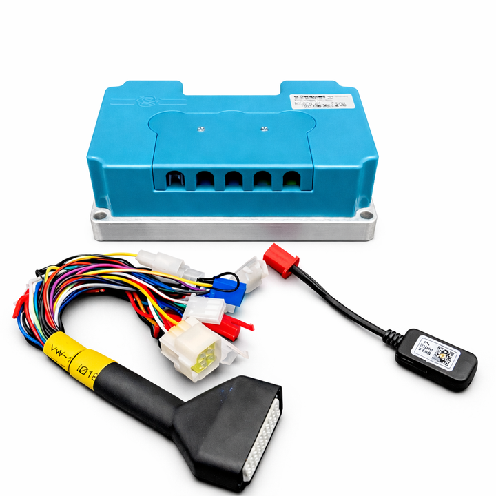 Blue electronic module with wiring harnesses on a white background