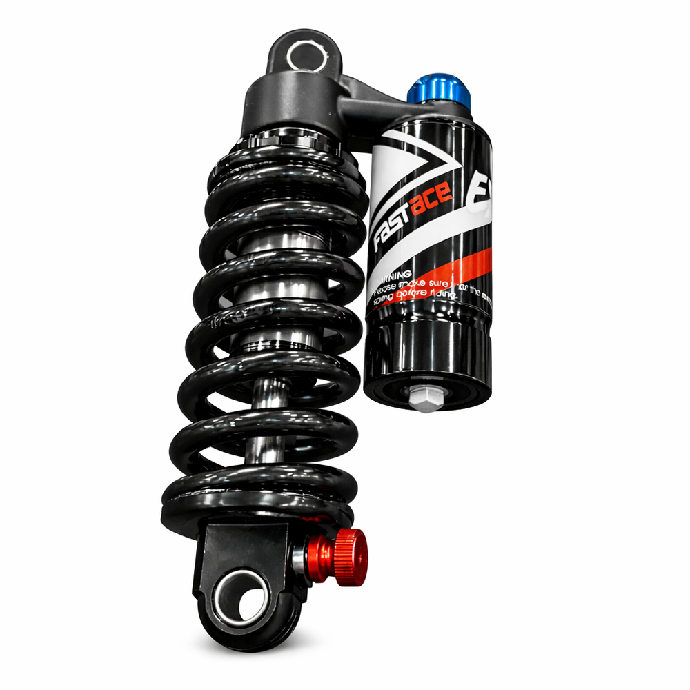 Motorcycle shock absorber with a Fast Ace canister on a white background