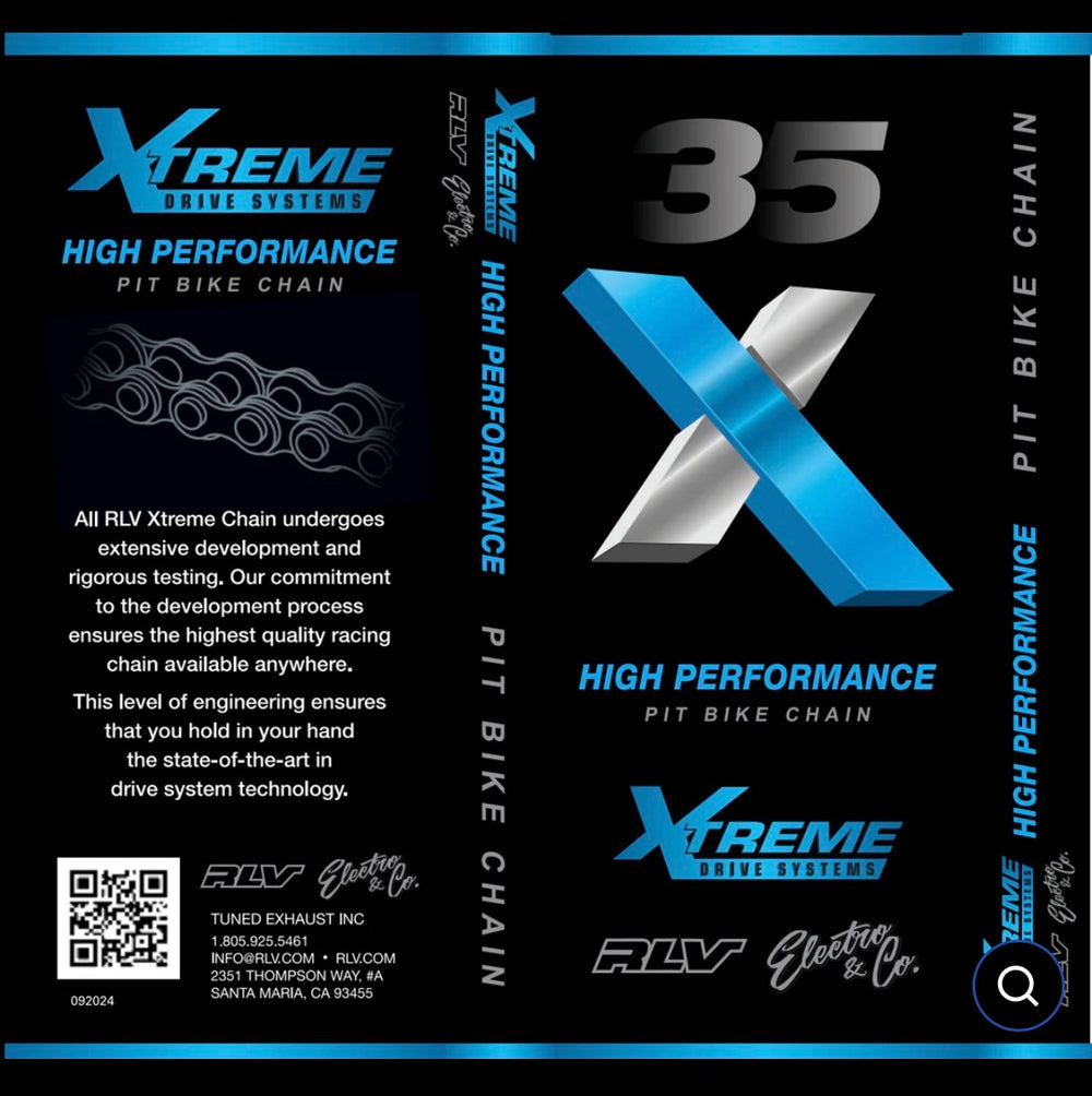 Xtreme High Performance pit bike chain packaging with branding and specifications.