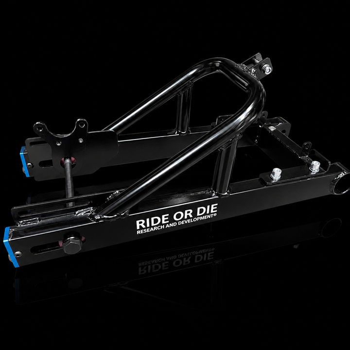 Black metal frame with 'Ride or Die' branding on a black background