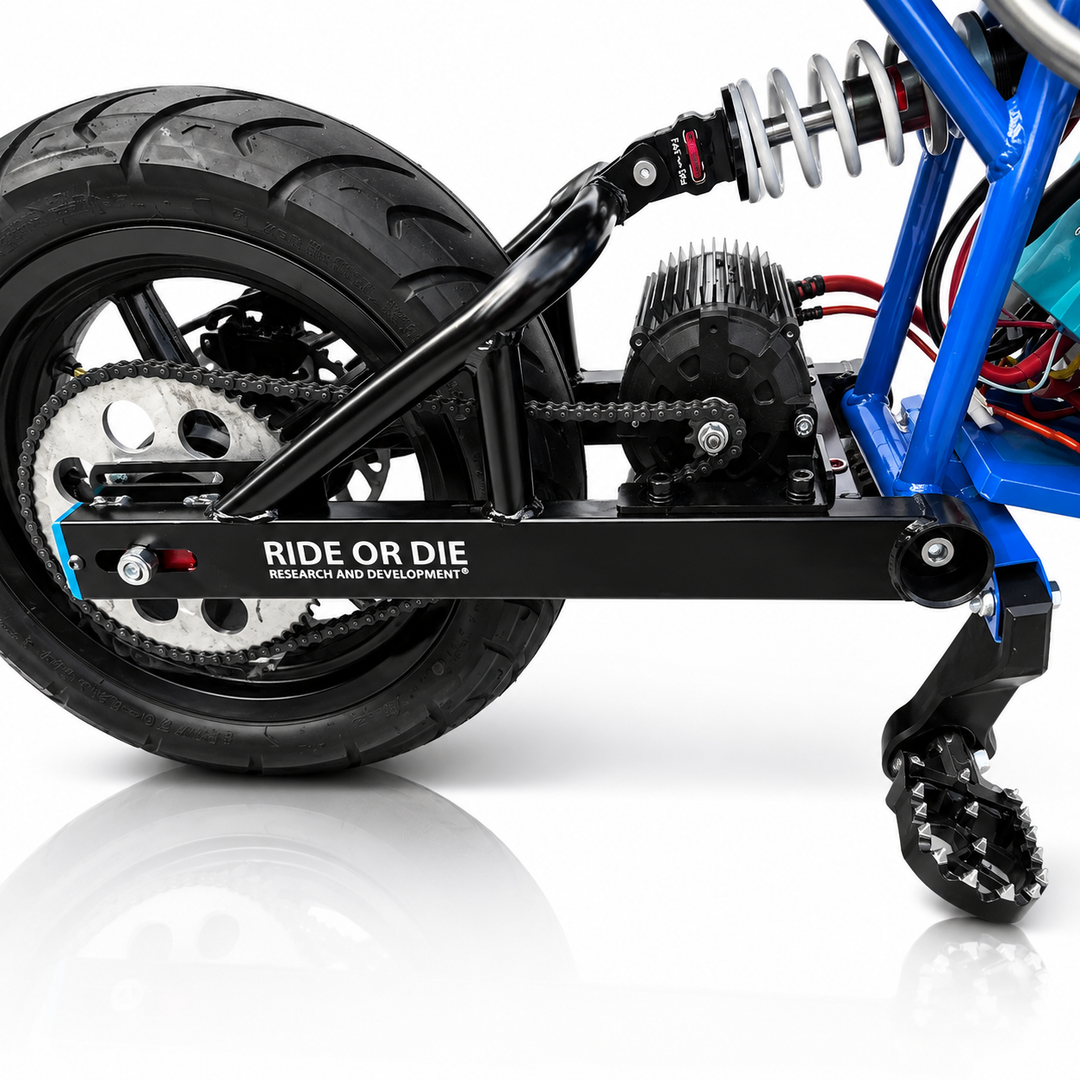 Close-up of a scooter's undercarriage with 'Ride or Die' branding on a white background