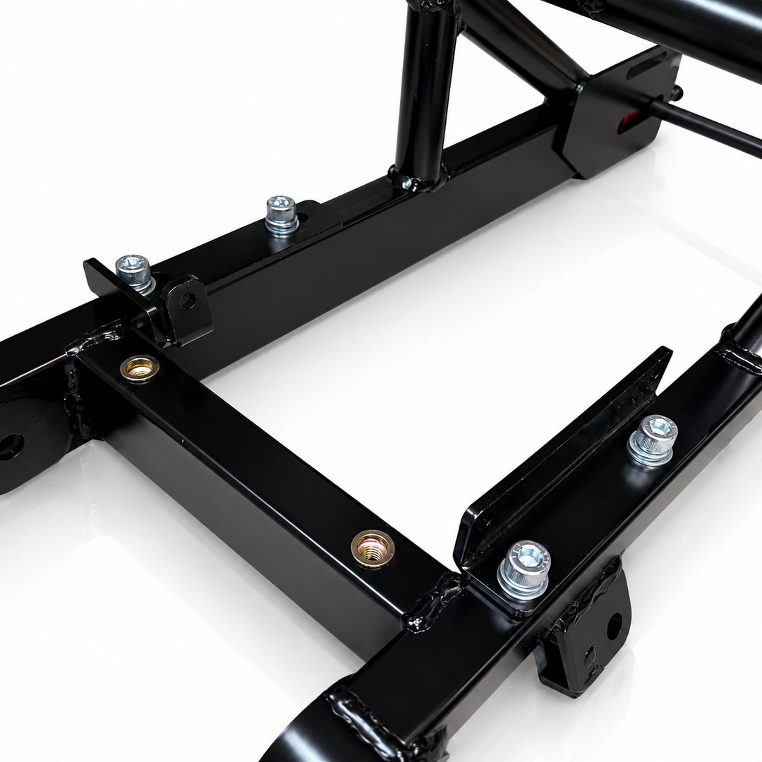 Close-up of a black metal frame with bolts on a white background